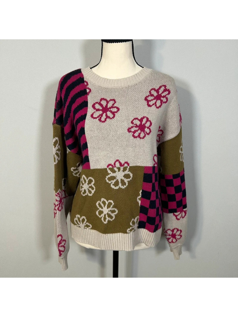 LA Hearts Patchwork Floral Sweater Size S Y2K 100% Cotton Pink Olive Black